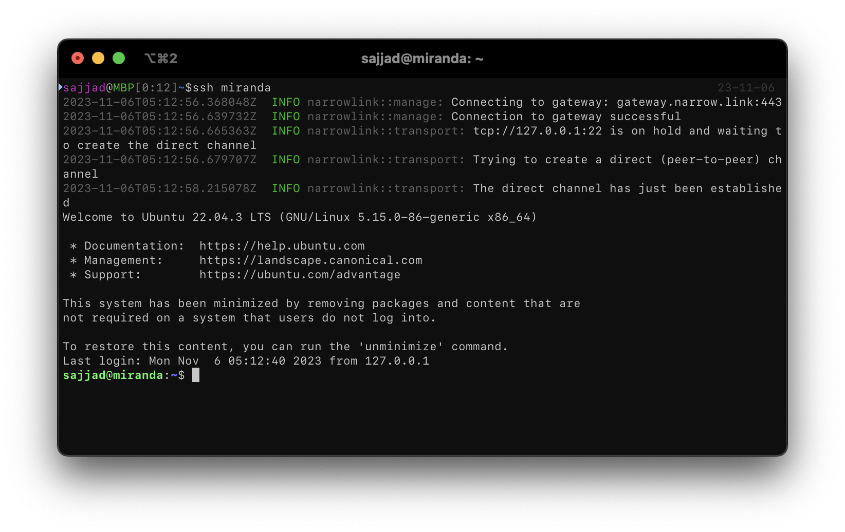 Peer to peer SSH using narrowlink